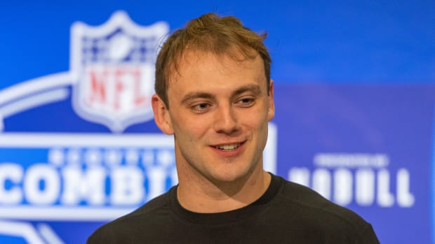 Feb 29, 2024; Indianapolis, IN, USA; Georgia tight end Brock Bowers (TE04) talks to the media during the 2024 NFL Combine at Lucas Oil Stadium. Mandatory Credit: Trevor Ruszkowski-USA TODAY Sports